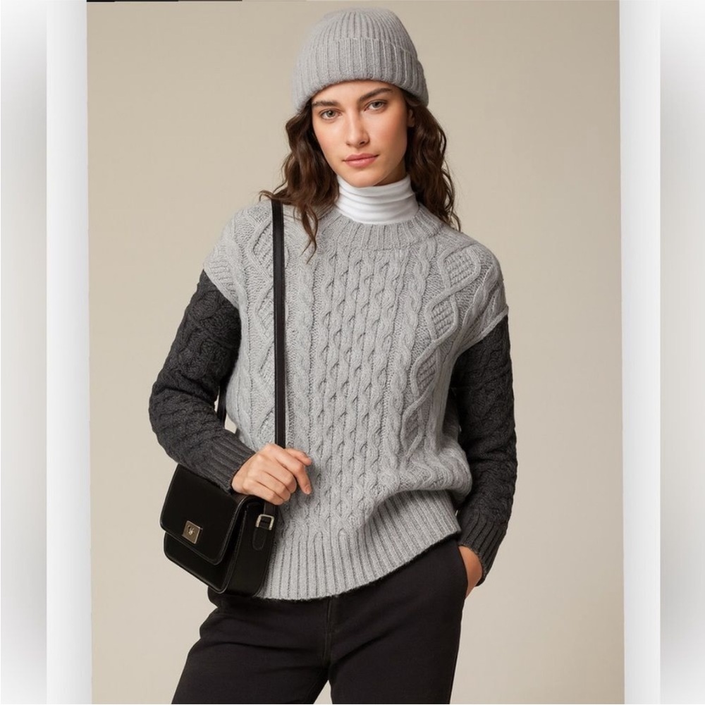 J. Crew Oversized Cable Knit Crew Neck Sweater With Contrast Sleeves in Grey